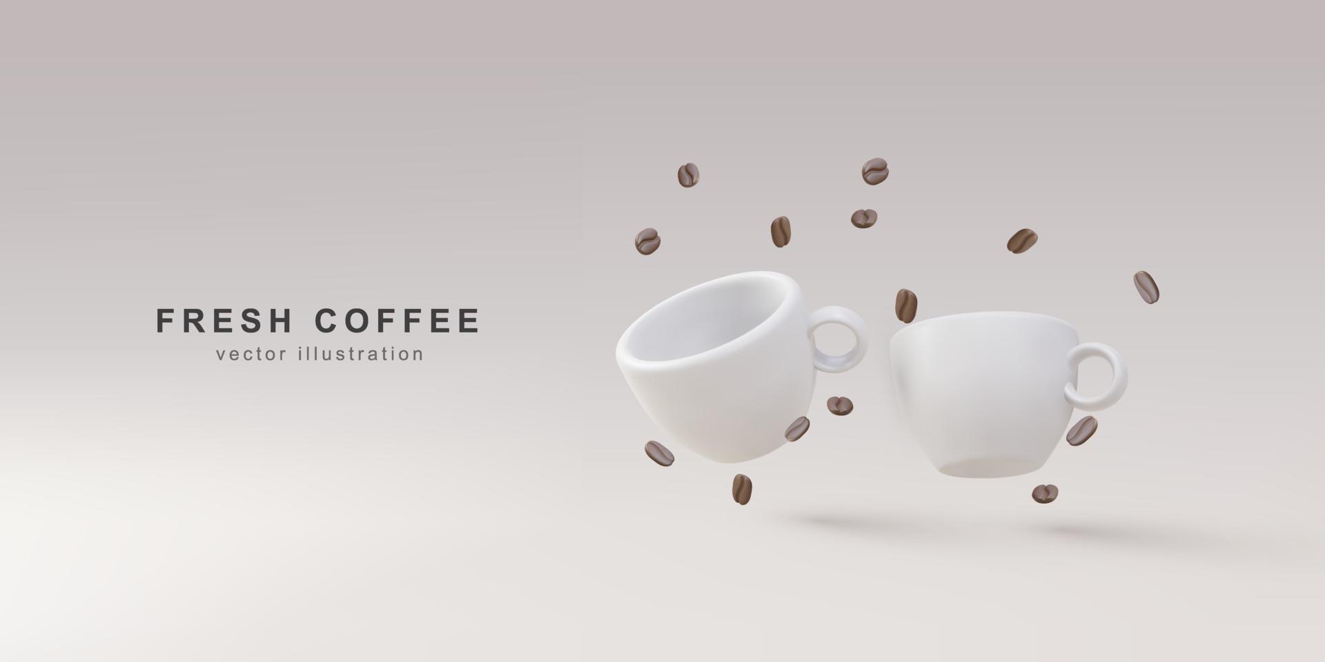 3d banner with realistic two paper coffee cups and coffee beans. Vector illustration.