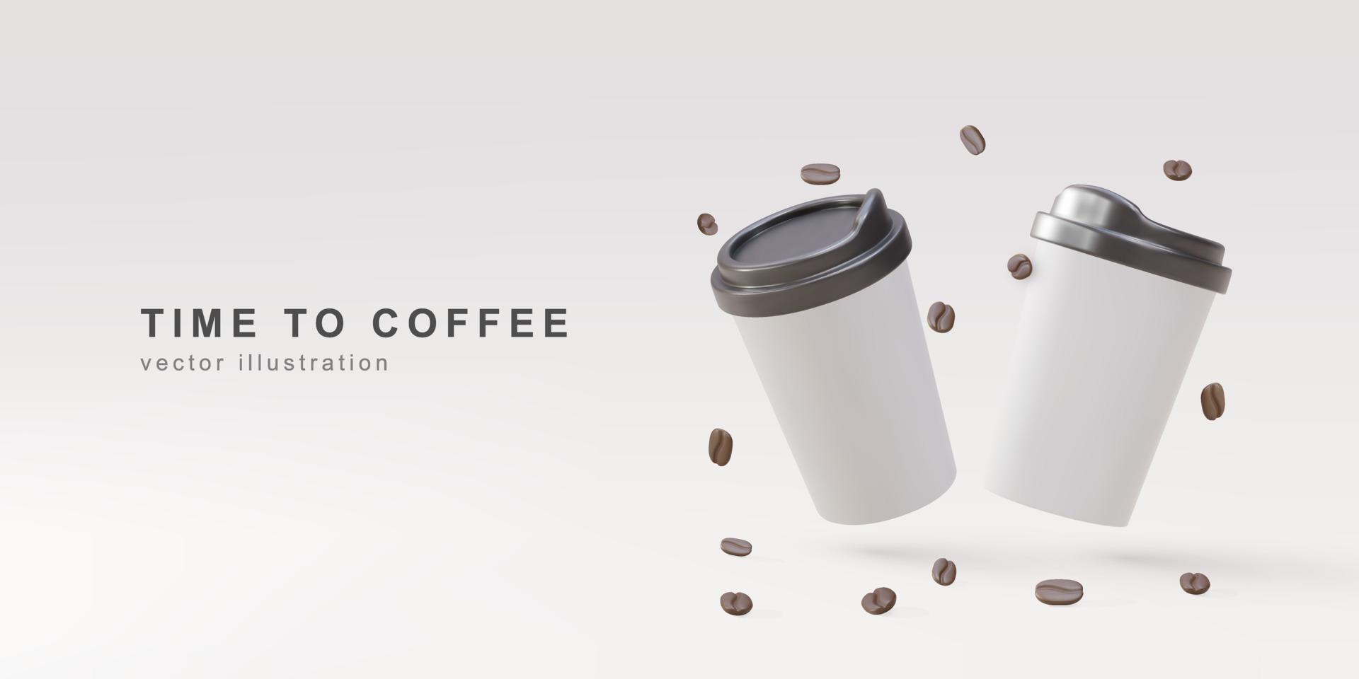 3d banner with realistic two paper coffee cups and coffee beans on a grey background. Vector illustration.