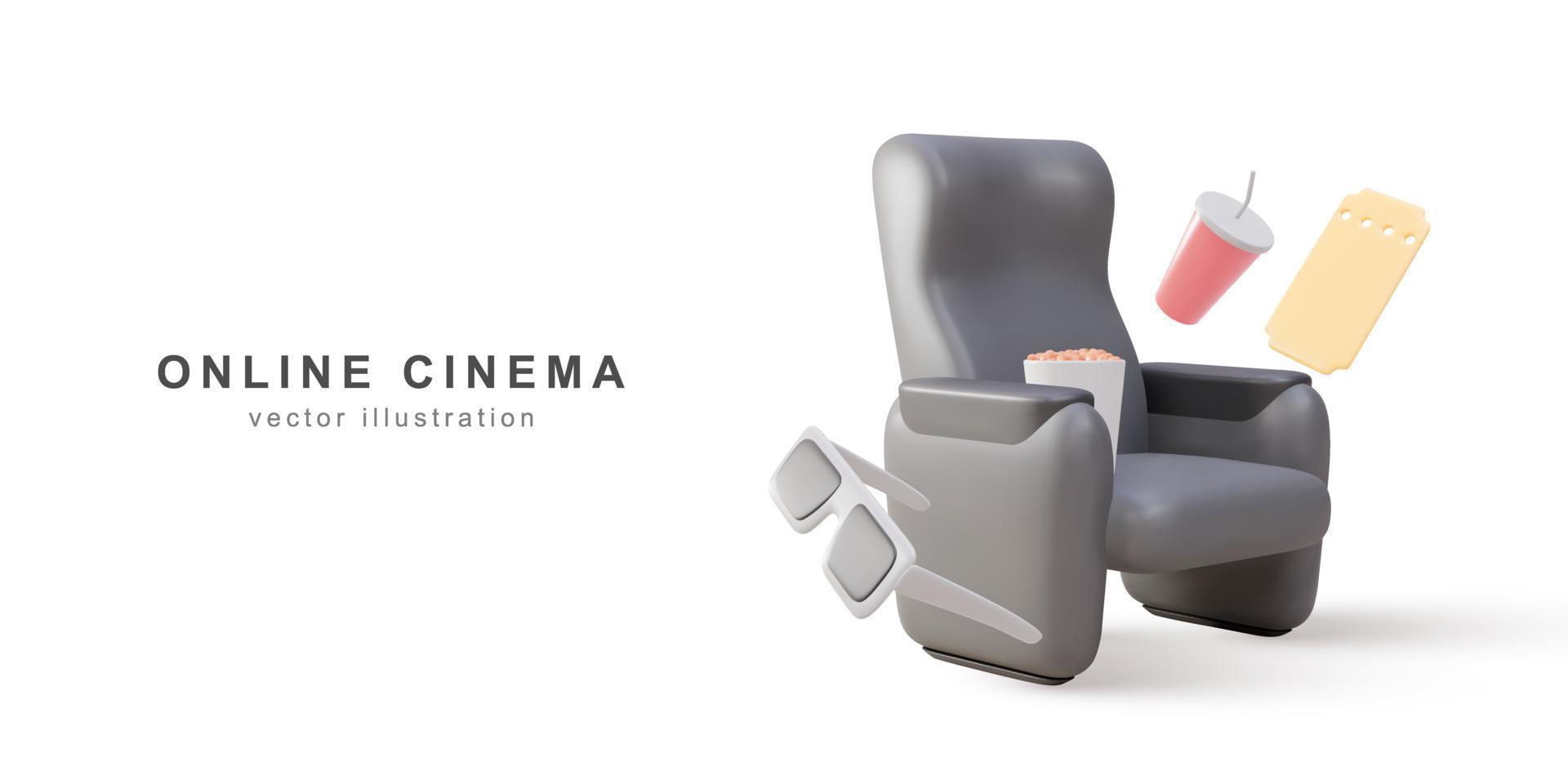 3d realistic cinema seat with comfortable armrests, tickets, drink, popcorn and glasses. Vector illustration.