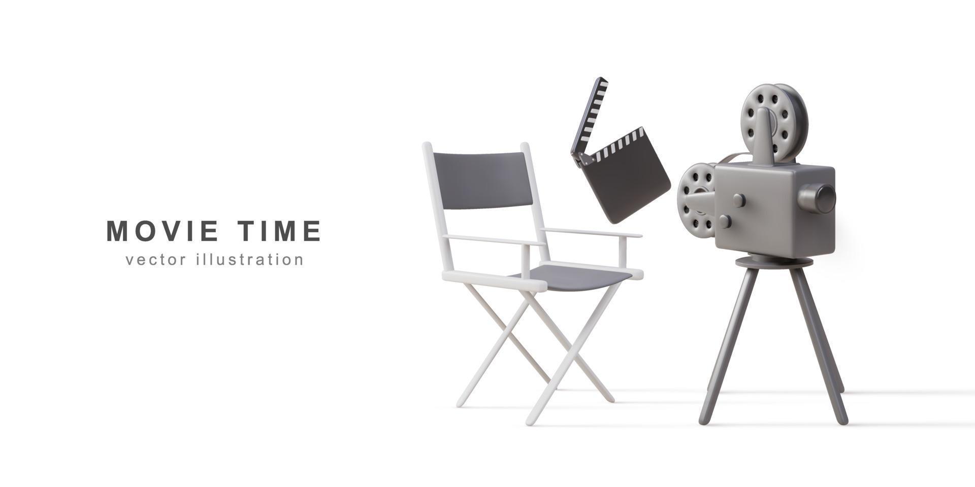 3d retro camera, clapperboard and director chair. Vector illustration.
