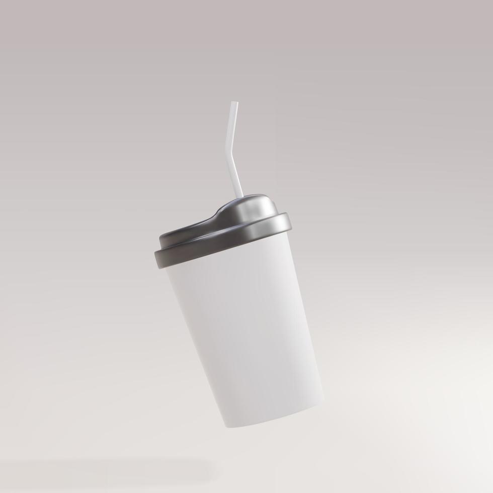 3D white paper coffee cup with a straw on a grey background. Vector illustration.