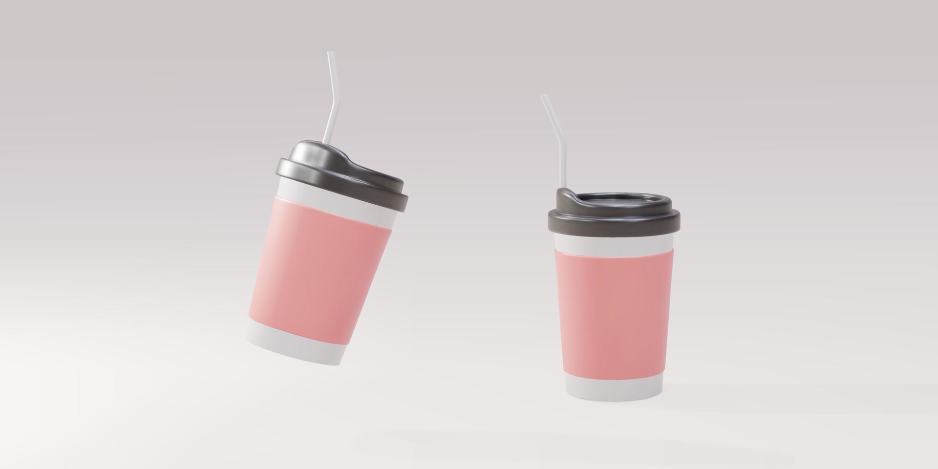 3D two paper coffee cups with a straw. Vector illustration.