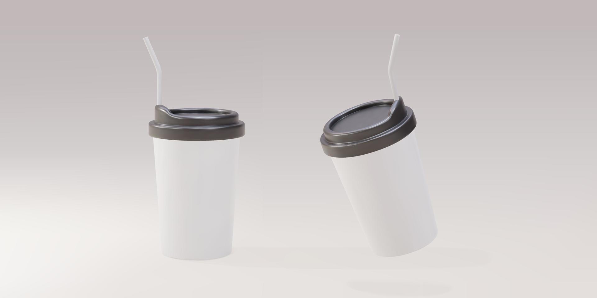 3D white paper coffee cups with a straw. Vector illustration.