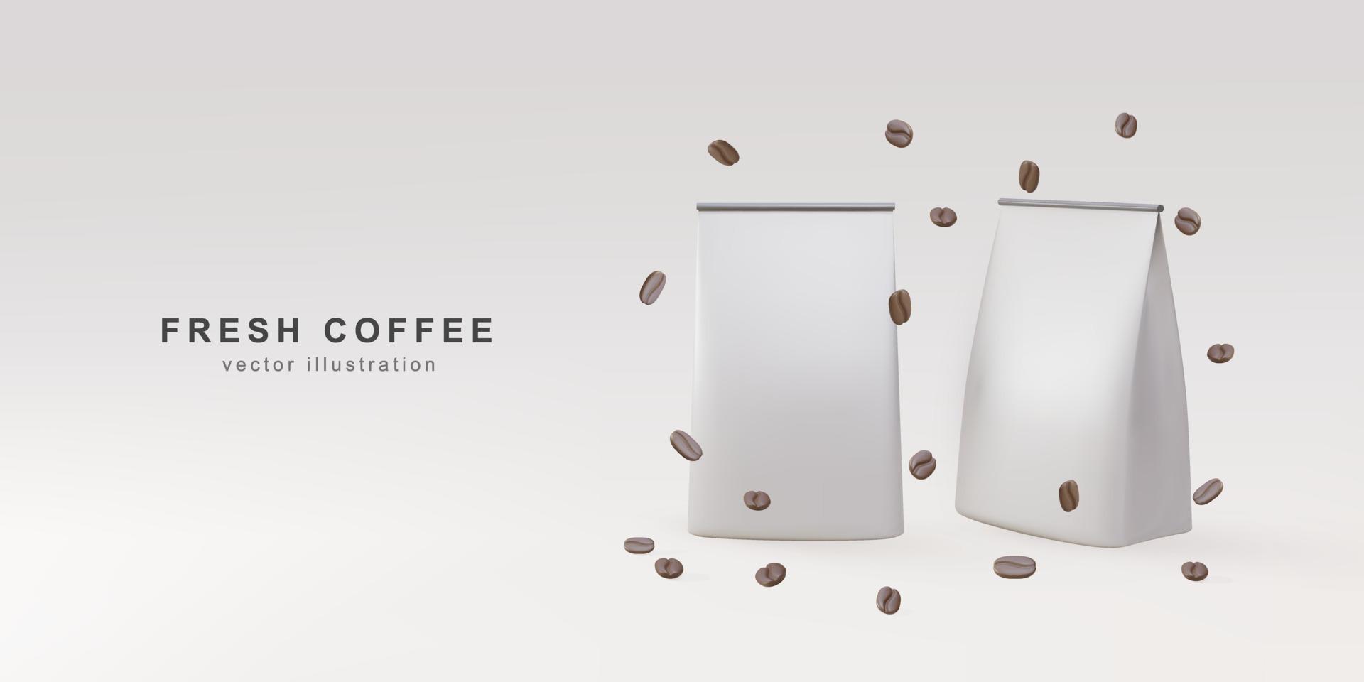 3d banner with realistic two package coffee and coffee beans on a grey background. Vector illustration.