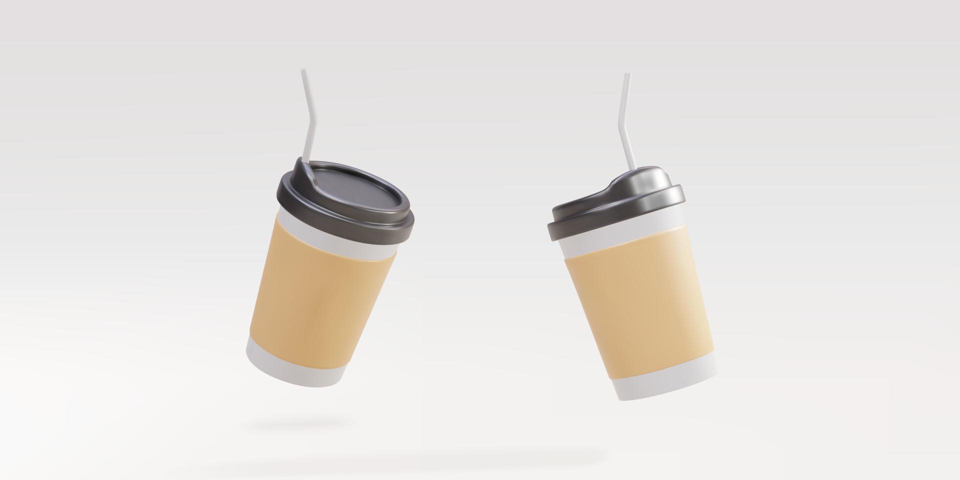3D two paper coffee cups with a straw on a white background. Vector illustration.