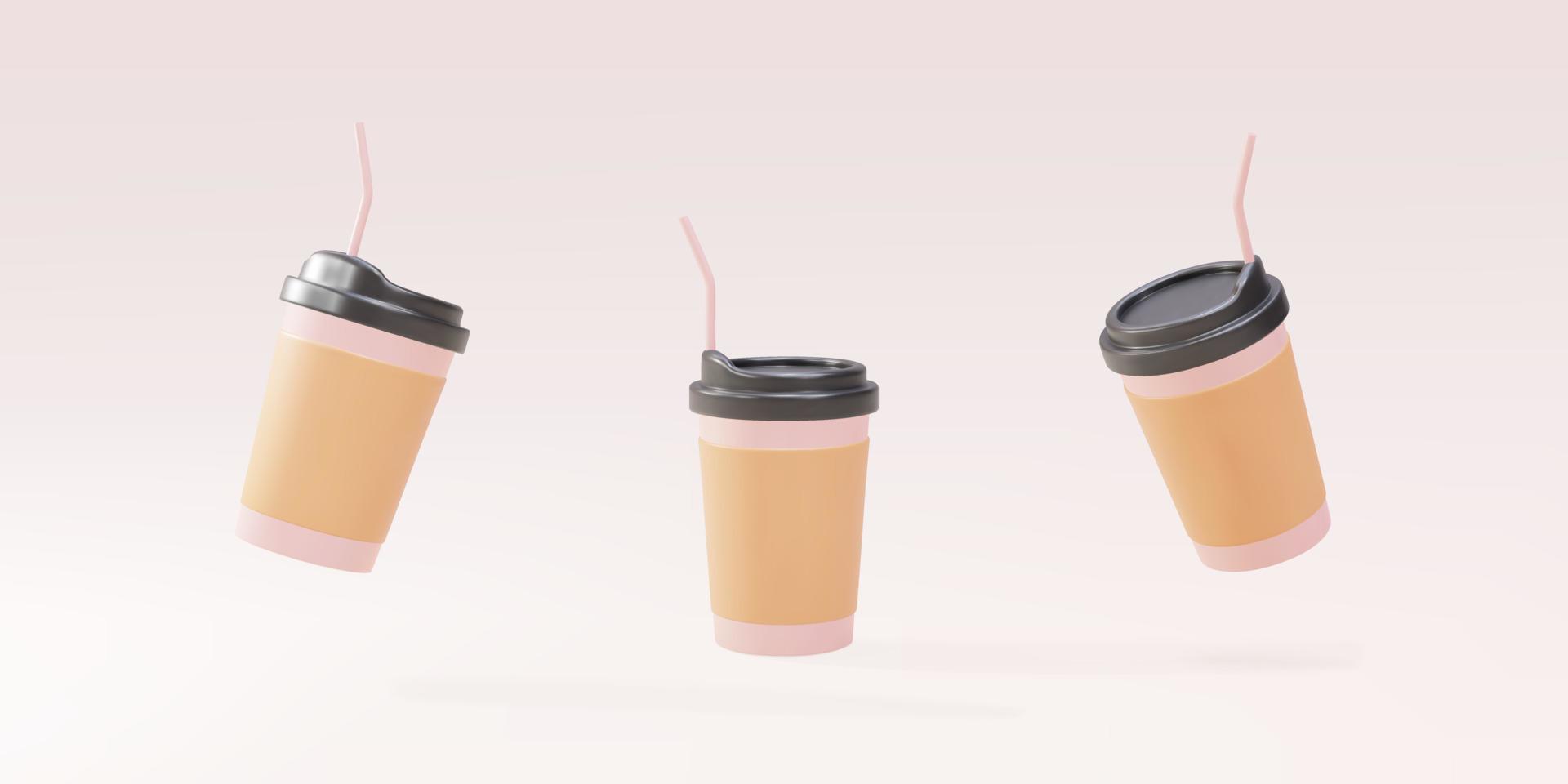 Juego de tazas de café de papel 3d con una pajita sobre un fondo rosa. ilustración vectorial vector