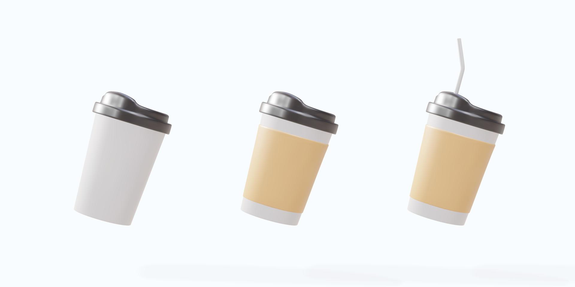 3D set of paper coffee cups with and without a straw. Vector illustration.