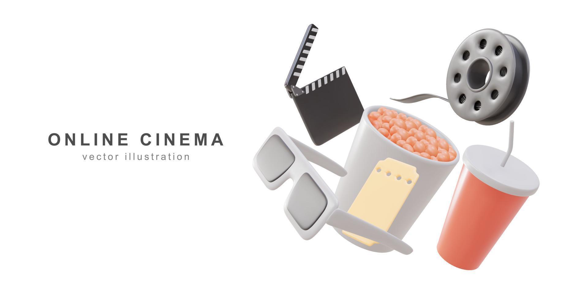 Online cinema art movie watching with popcorn, 3d glasses and film-strip cinematography concept. Vector illustration.
