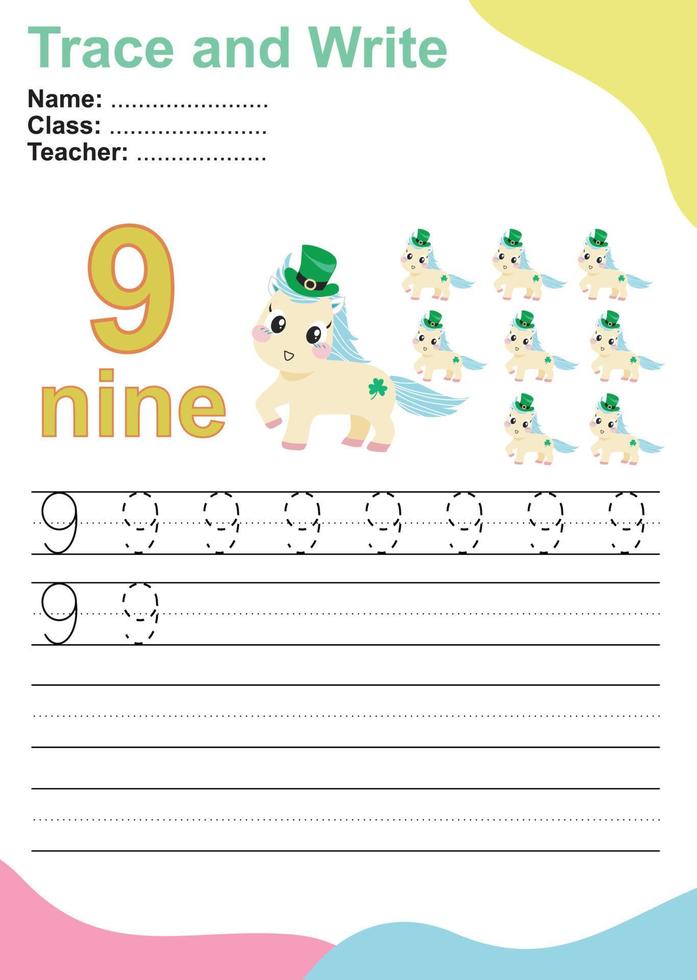 Trace and write number for children. Exercise for children to recognize the number. Educational worksheet for preschool. Vector file.