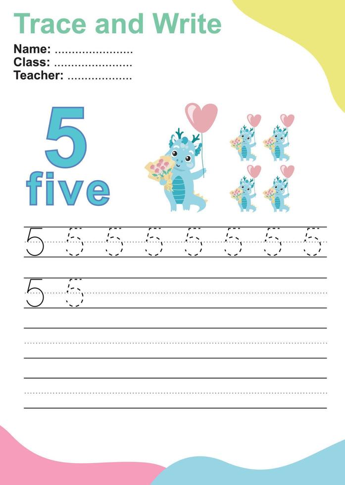 Trace and write number for children. Exercise for children to recognize the number. Educational worksheet for preschool. Vector file.