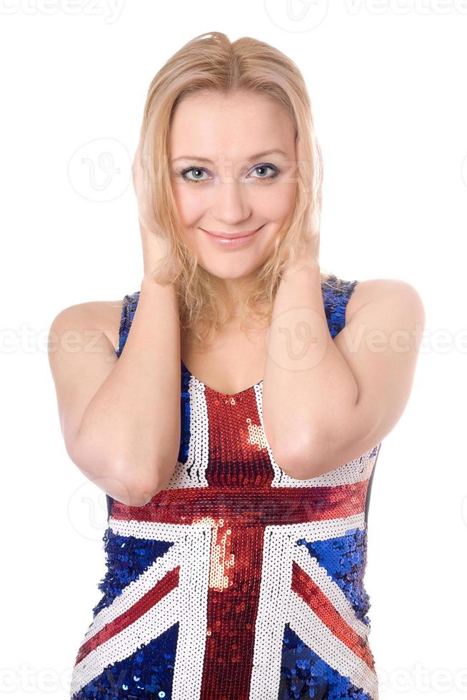 rubia alegre con camiseta con bandera de unión foto