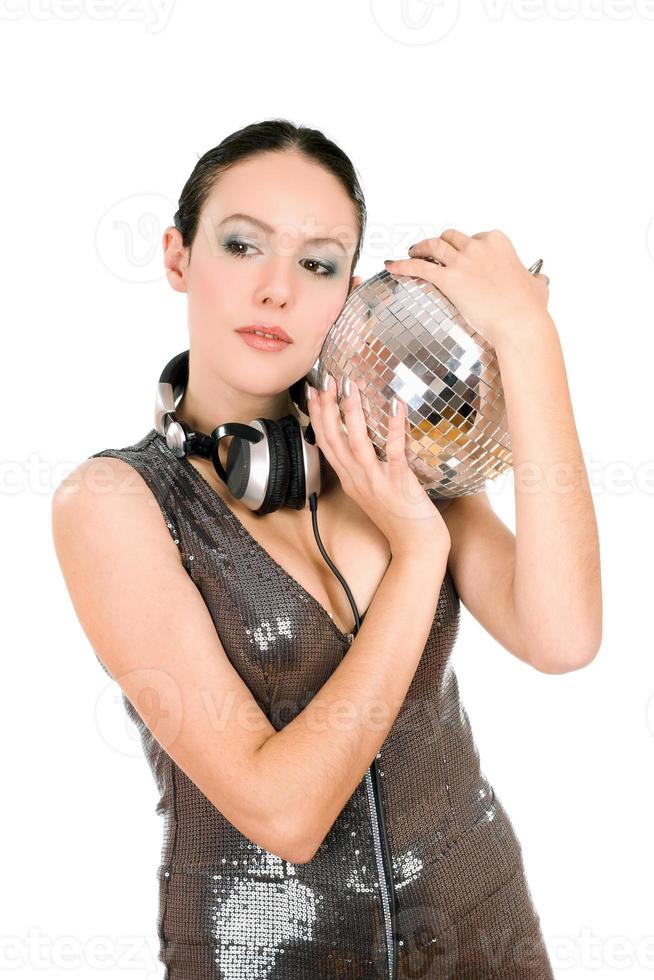 Portrait of young brunette with a mirror ball photo