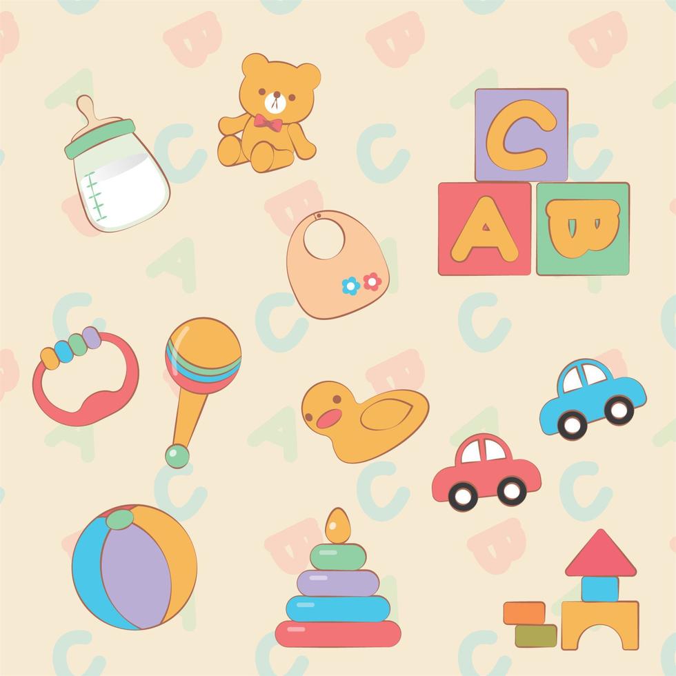 A set of baby stuff with cars, blocks, balls, dolls and more vector