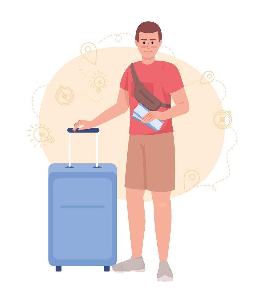 Going on vacation to tropical destination 2D vector isolated illustration. Excited male traveler flat character on cartoon background. Colorful editable scene for mobile, website, presentation