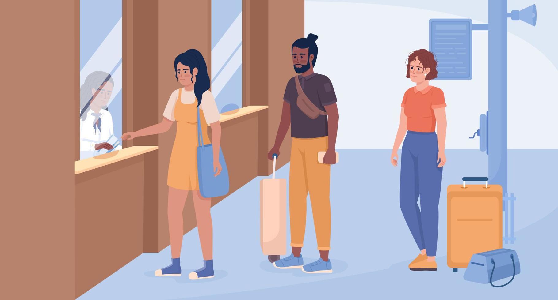 comprar boletos para autobús y tren ilustración de vector de color plano. pasajeros con maletas esperando en fila. personajes de dibujos animados simples en 2d totalmente editables con el interior de la terminal del aeropuerto en el fondo