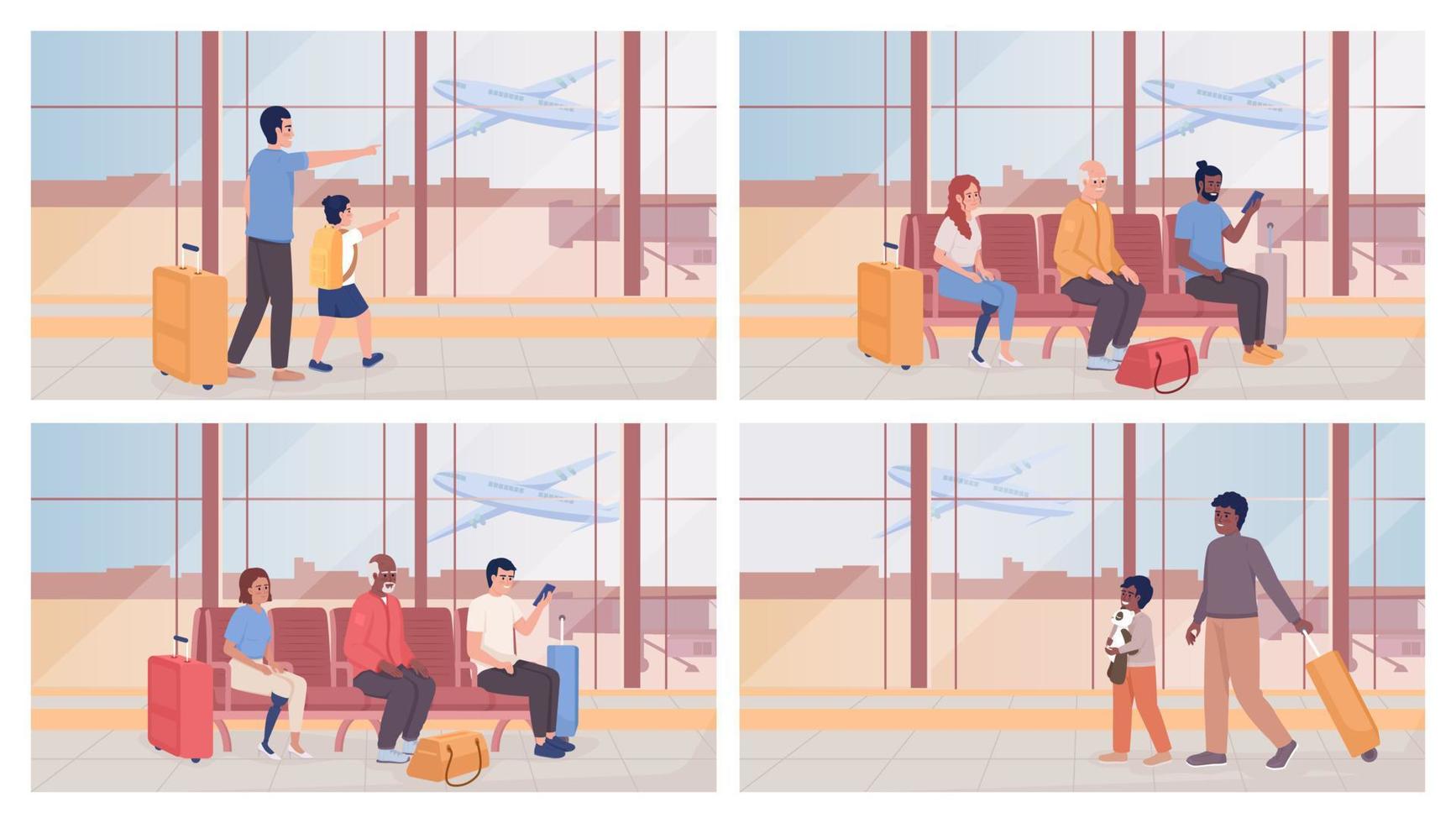 pasar tiempo en el salón de tránsito conjunto de ilustración de vector de color plano. pasajeros esperando antes de embarcar. personajes de dibujos animados simples en 2d completamente editables con el paquete interior de la terminal del aeropuerto en el fondo