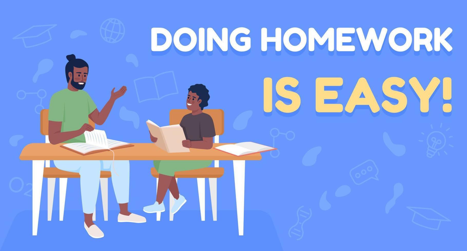 Parental homework involvement flat vector banner template. Doing assignments with parent easy poster, leaflet printable color designs. Editable flyer page with text space