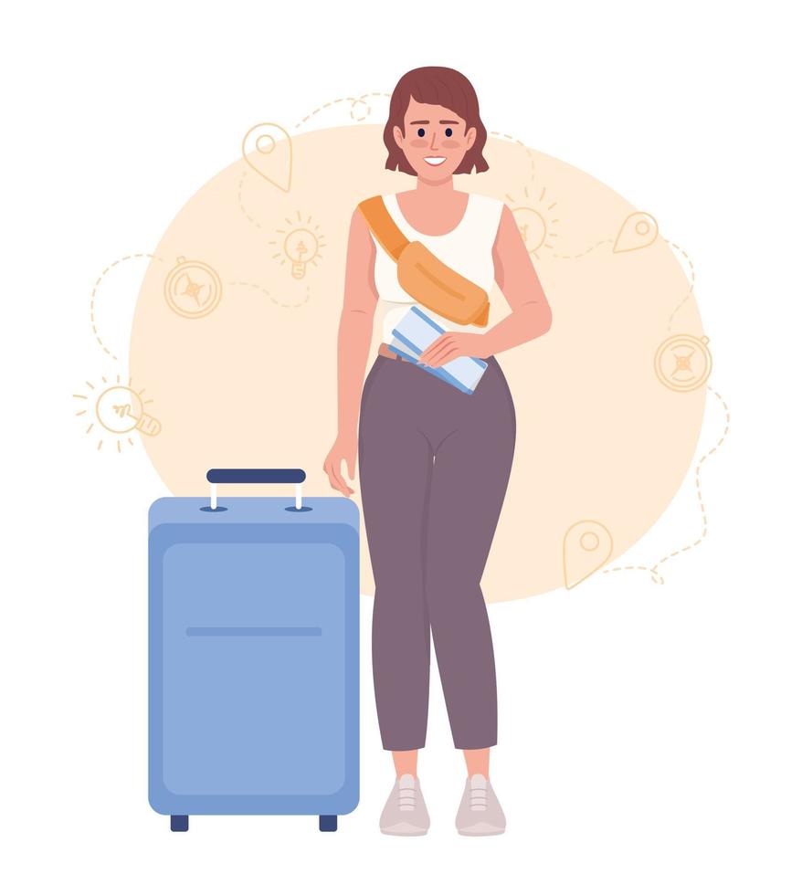 Going on vacation to european countries 2D vector isolated illustration. Happy female traveler with tickets flat character on cartoon background. Color editable scene for mobile, website, presentation