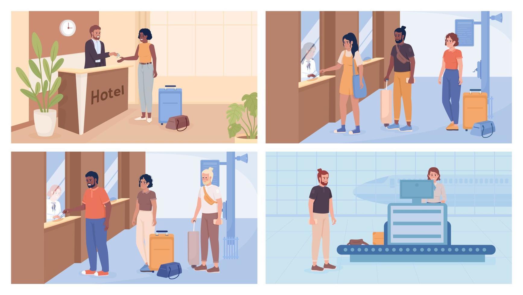 Boarding and check-in flat color vector illustration set. Booking flight tickets, room in hotel. Fully editable 2D simple cartoon characters with airport terminal interior collection on background