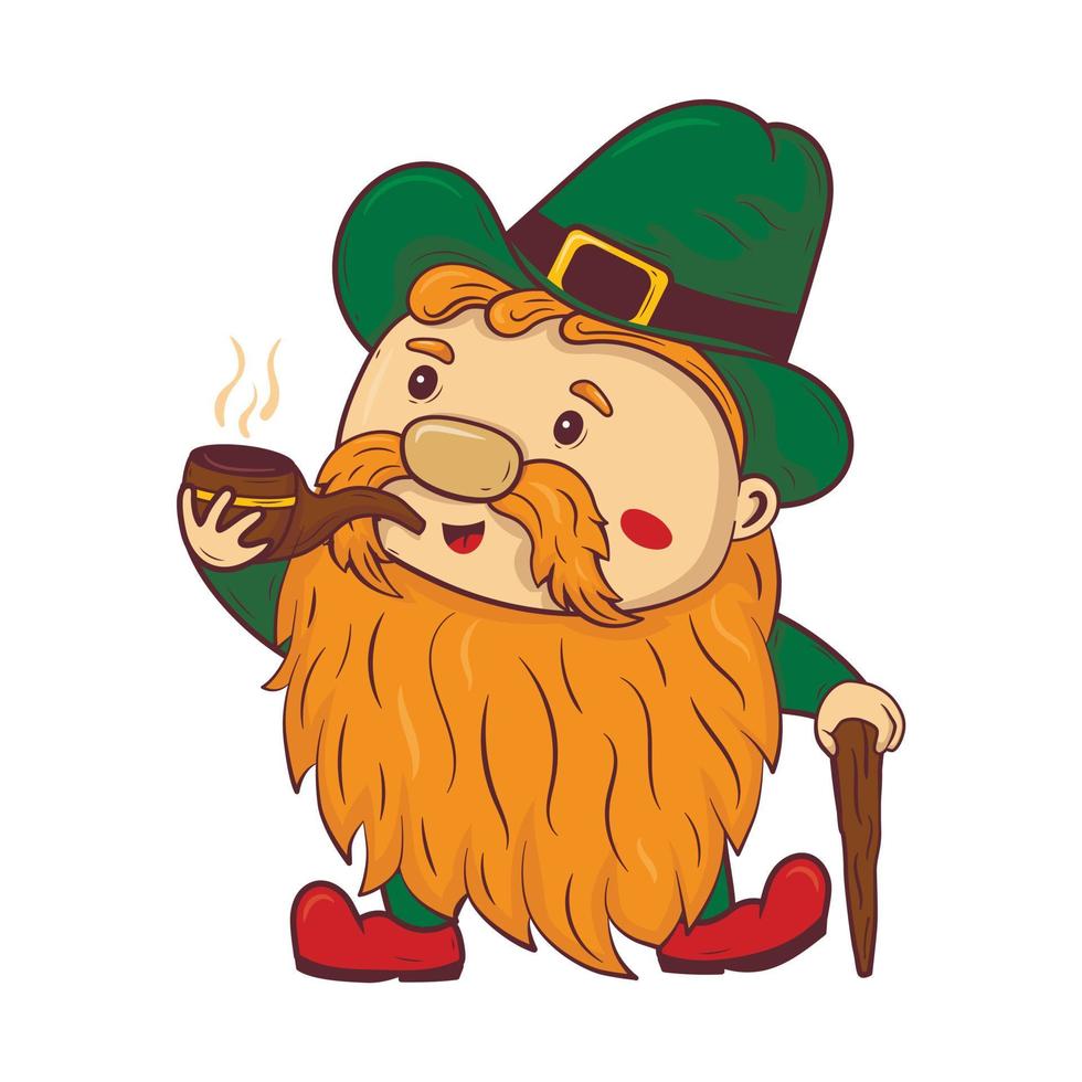 Cartoon doodle saint patrick red-beard mustachioed gnome smoking a pipe vector