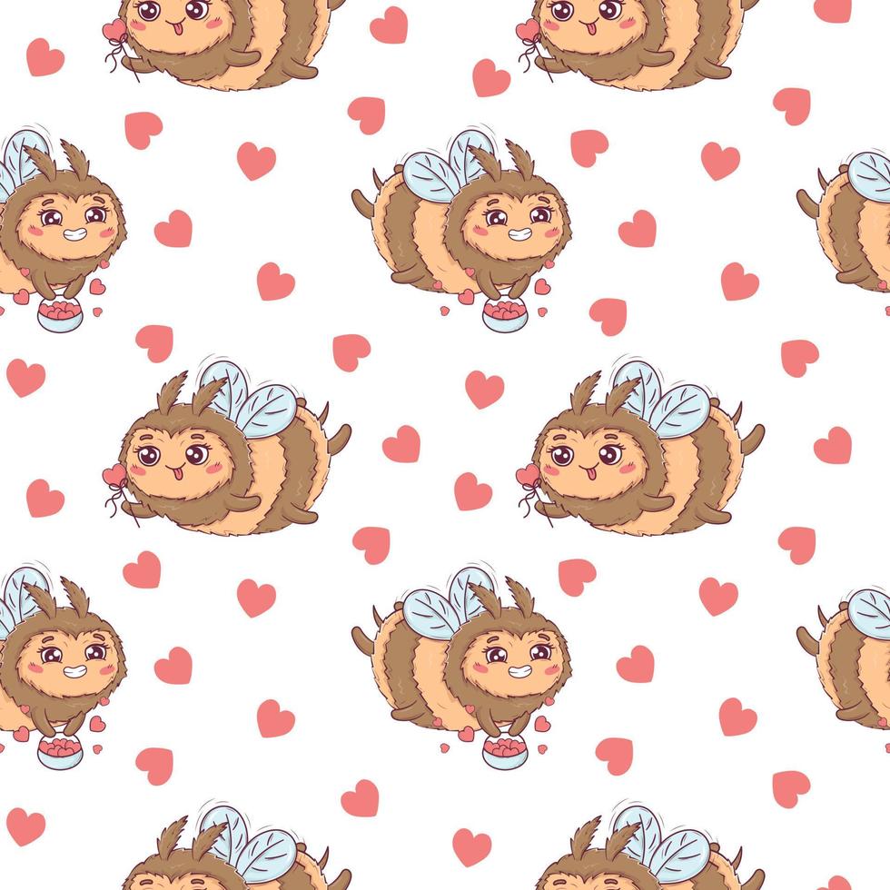 Seamless pattern with Cartoon cute bee in love for Valentine's Day isolated on white background vector illustration