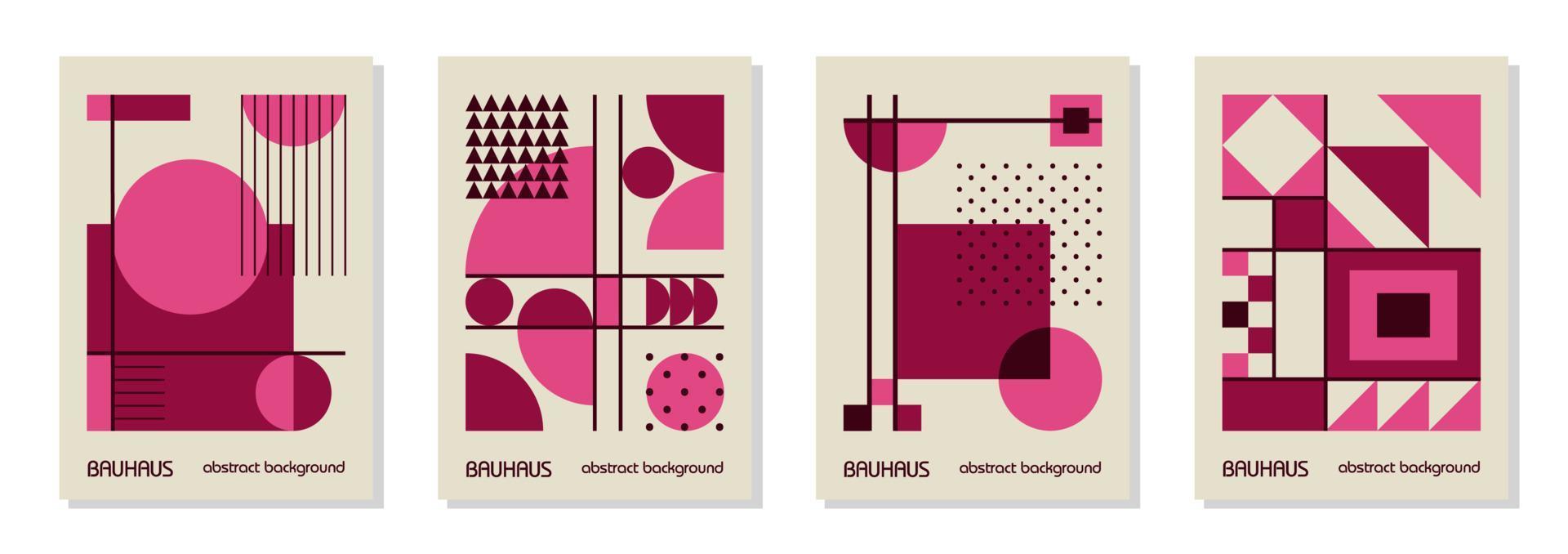 Set of 4 minimal vintage 20s geometric design posters, wall art, template, layout with primitive shapes. Bauhaus pink magenta retro pattern background, vector abstract circle, triangle and square