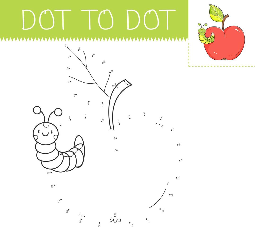 Dot to dot game coloring book with apple and caterpillar for kids. Coloring page with a cute cartoon apple and worm. Connect the dots vector illustration.