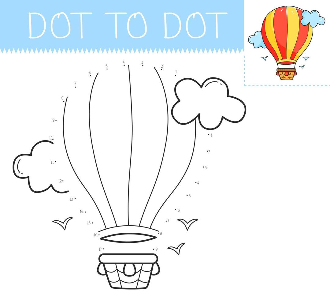 Dot to dot game coloring book with airship for kids. Coloring page with a cute cartoon airship. Connect the dots vector illustration.