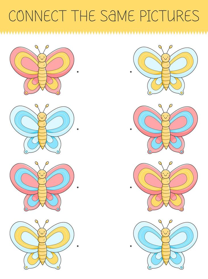 conecta el mismo juego de imágenes con una linda mariposa de dibujos animados. juego de niños con una mariposa. ilustración vectorial vector