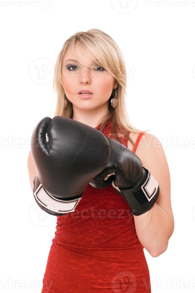 Beautiful blond girl in  boxing gloves photo