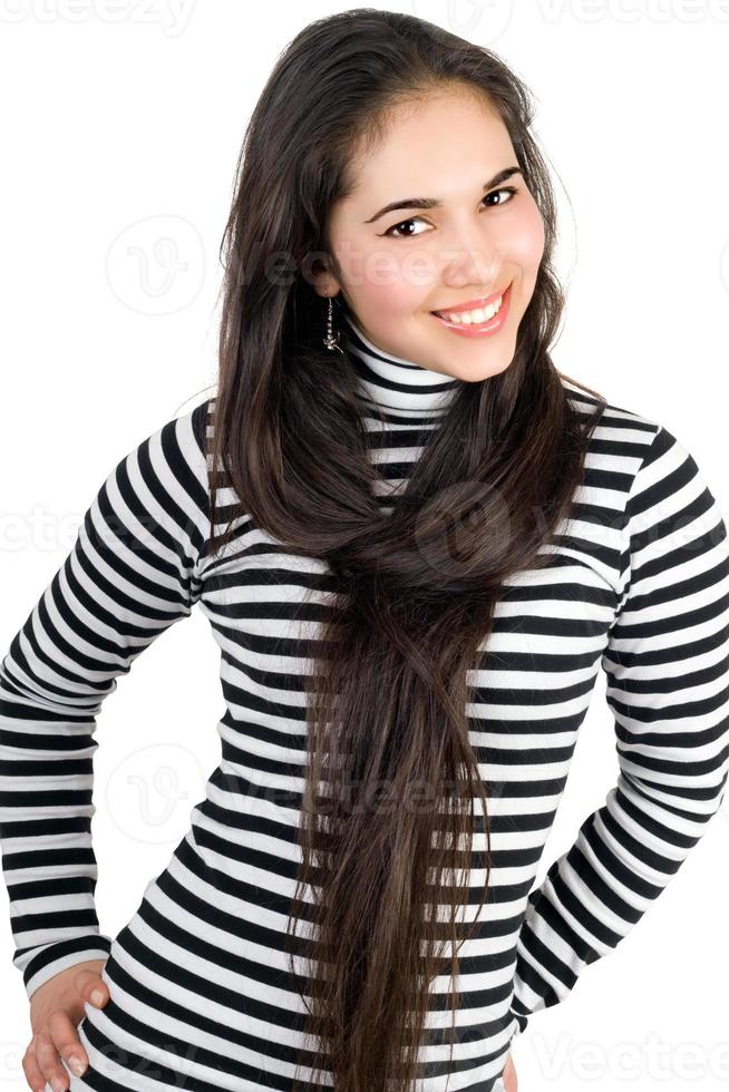 Playful pretty girl in striped blouse. Isolated photo