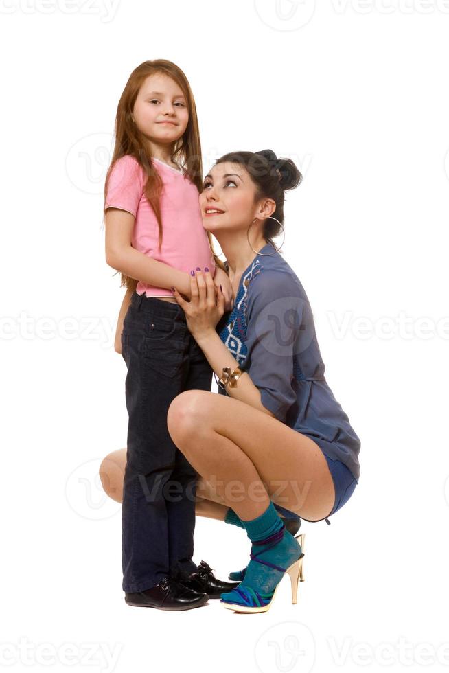 Smiling young mother and little daughter. Isolated photo