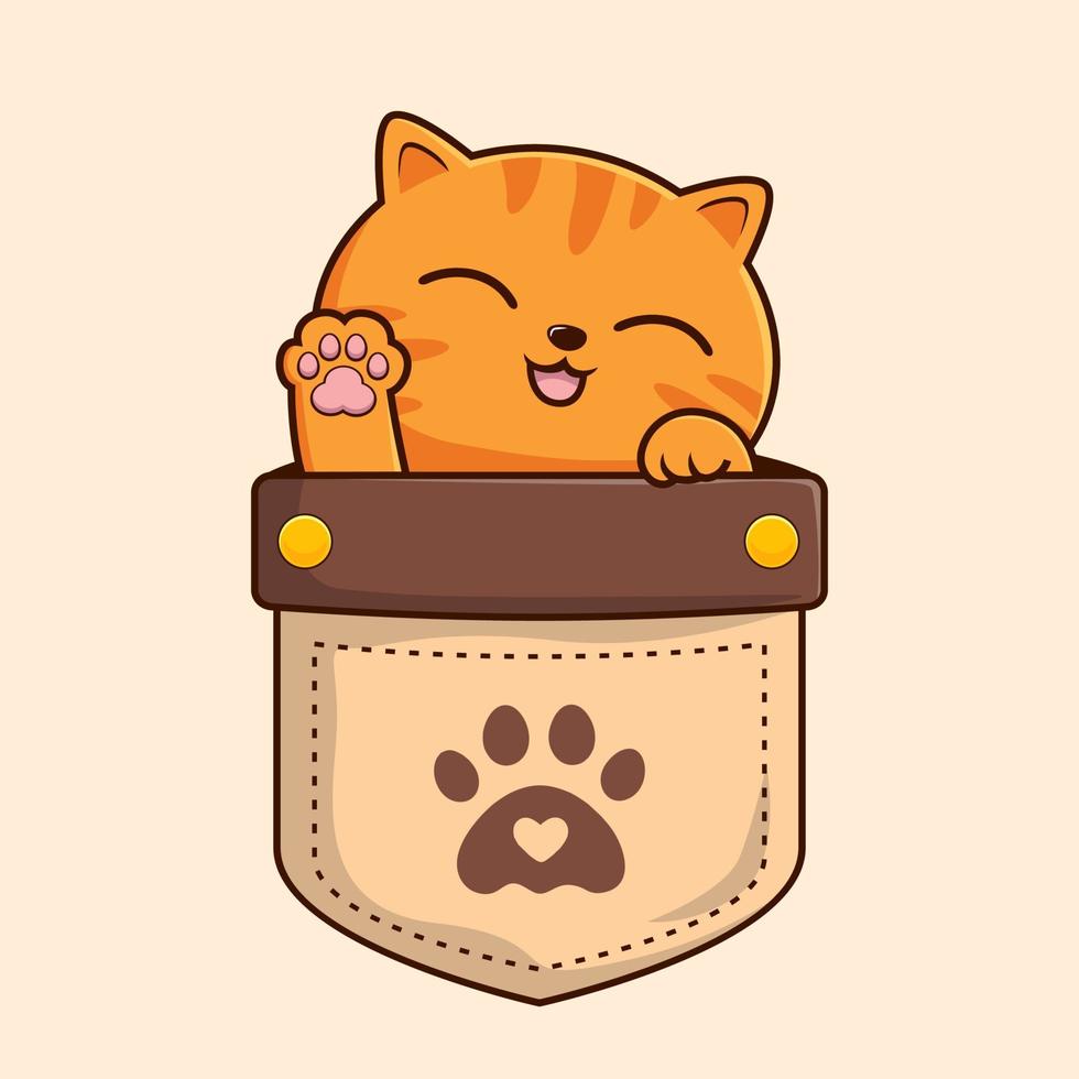 Tabby Orange Cat in Pocket Cartoon Waving Paws Hand - Striped Orange Cat vector