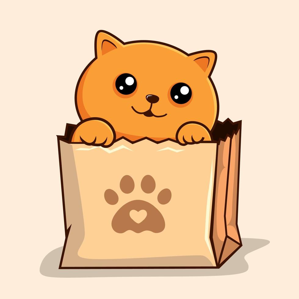 Cat in Paper Bag - Cute Orange Cat Peekaboo Hiding in Shopping Bag Waving Hand Paws vector