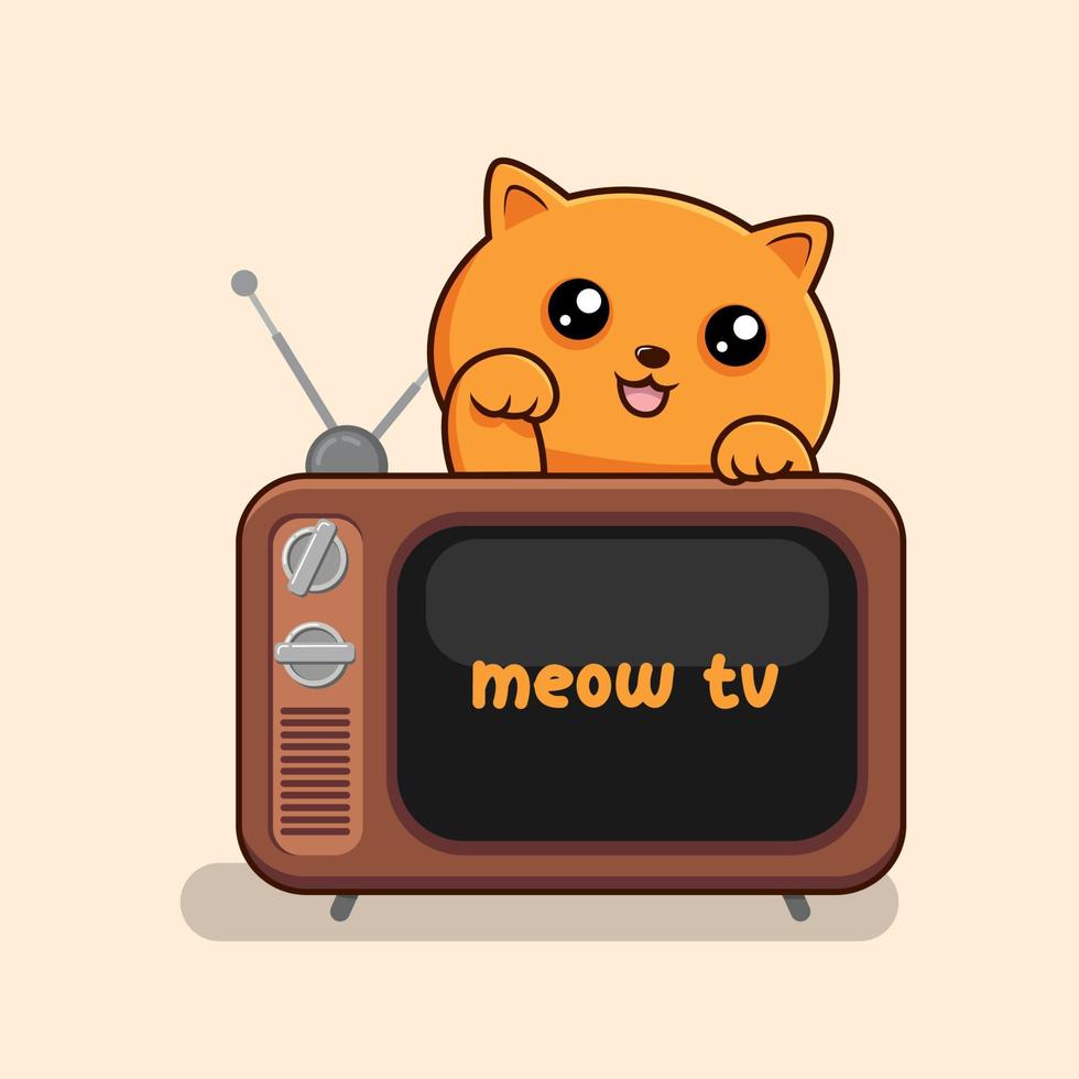 Orange Cat Behind TV Waving Hand - Cute Orange Kawaii Cat Above TV vector