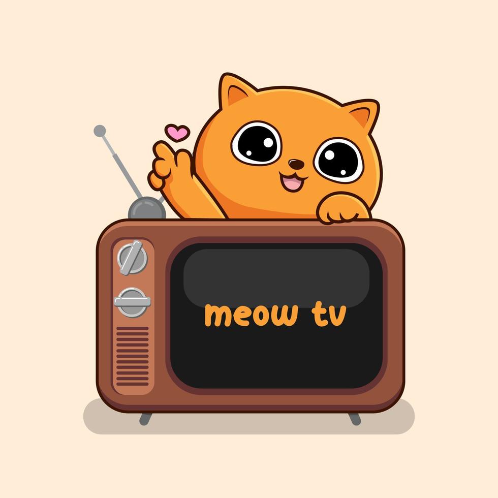 Orange Cat Kawaii Behind TV Loving Hand - Cute Orange Cat Above TV vector