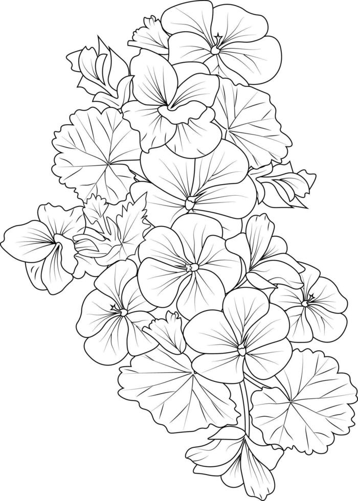 conjunto de una flor de geranio estilizada decorativa aislada sobre fondo blanco. ilustración vectorial muy detallada, garabatos y estilo de garabatos zen, diseño de tatuajes flores de pelargonio en flor. vector