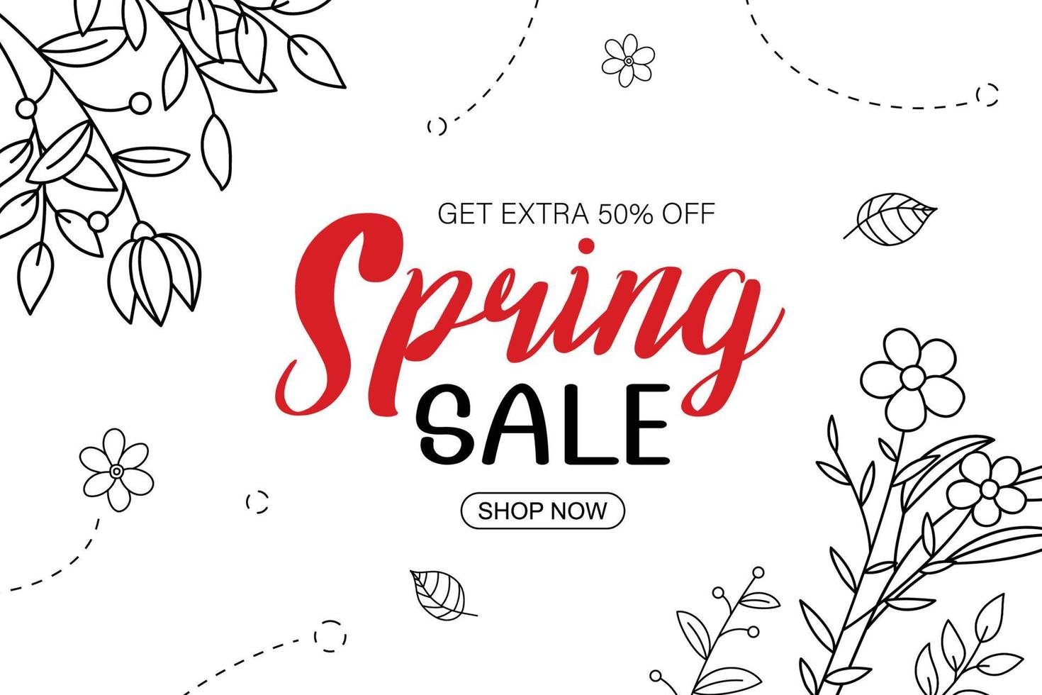 Spring sale banner with leaf and flower hand drawn on white background. vector