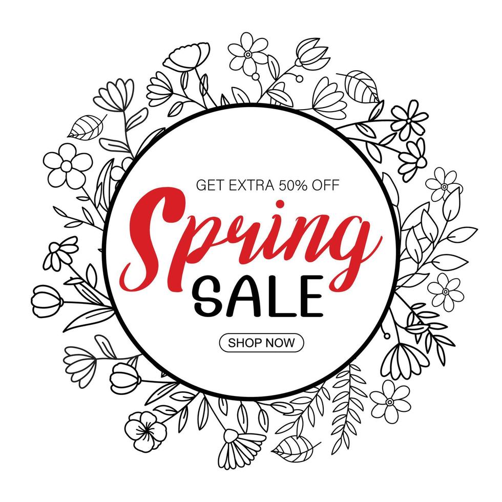 Spring sale banner with leaf and flower hand drawn on white background. vector