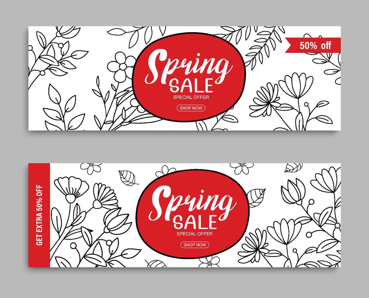 banner de venta de primavera con hojas y flores dibujadas a mano sobre fondo blanco. vector