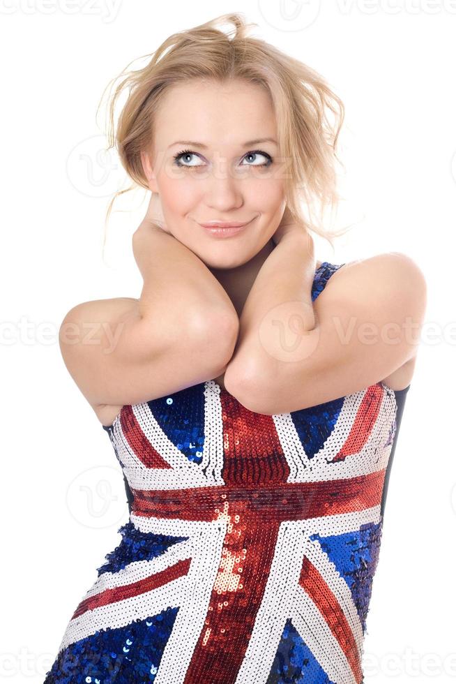 rubia sonriente con camiseta con la bandera de la unión foto