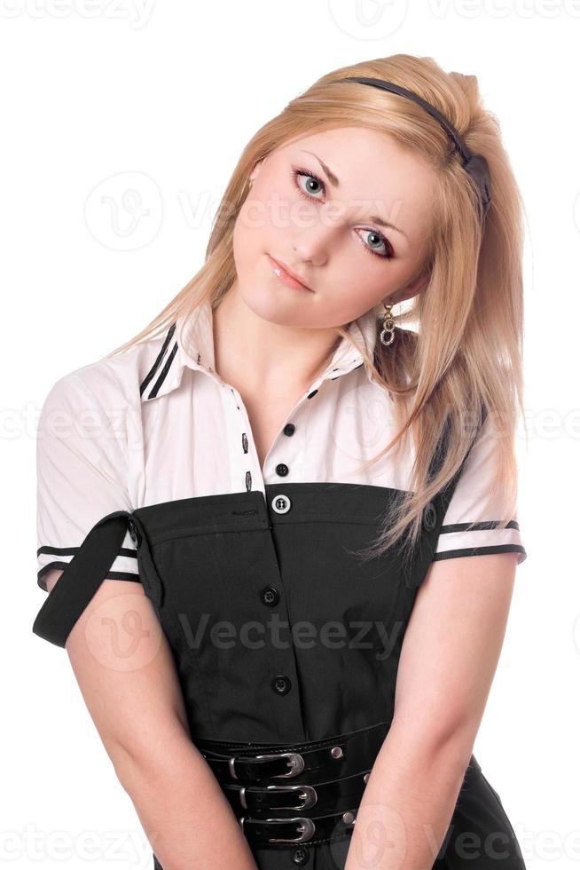 Portrait of pretty blonde in black dress photo