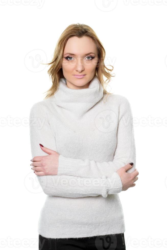 nice young woman in white sweater photo