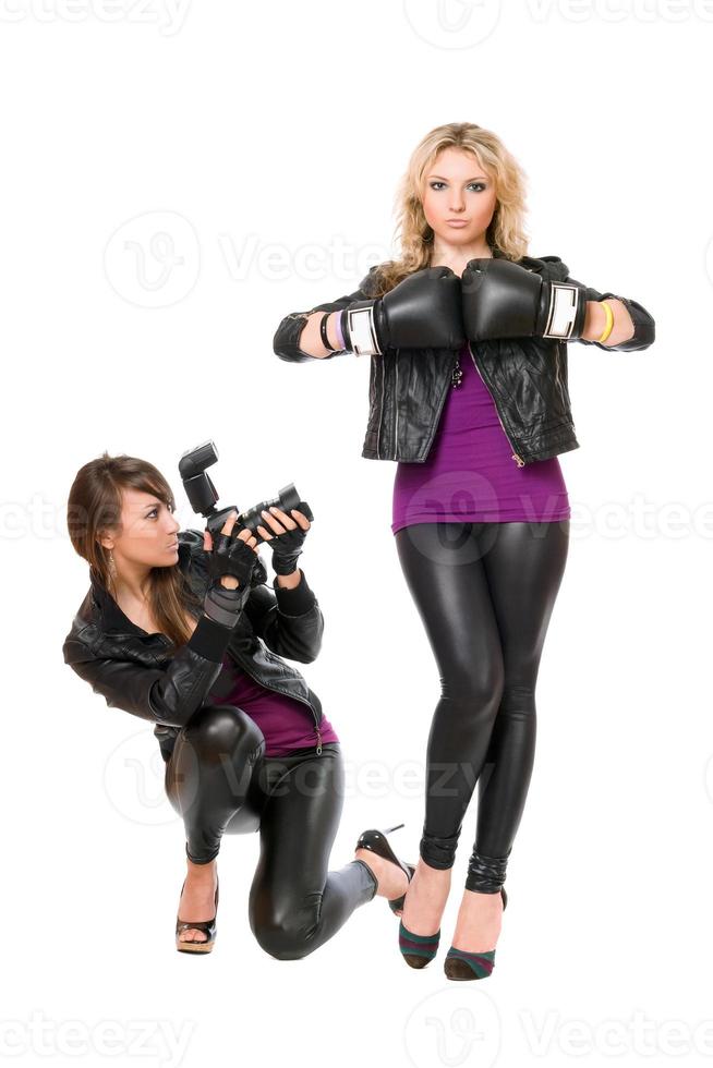 Charming two girls with the camera photo