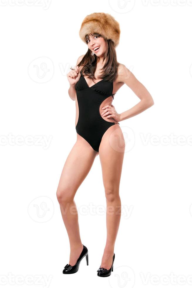 sexy lady wearing swimsuit and fur-cap photo