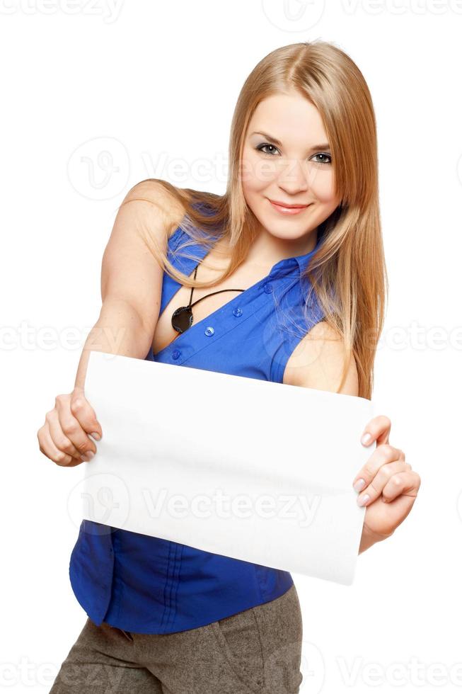 Attractive young woman holding empty white board photo