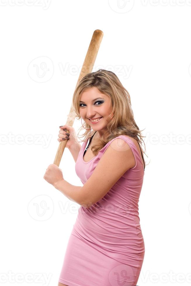 Portrait of joyful young blonde with a bat photo