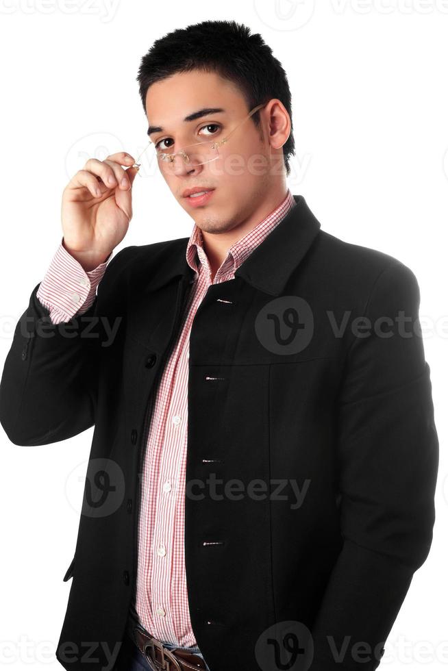 Young man in a black jacket and glasses photo