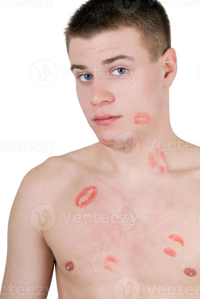 Portrait of the young man in lipstick. Isolated photo