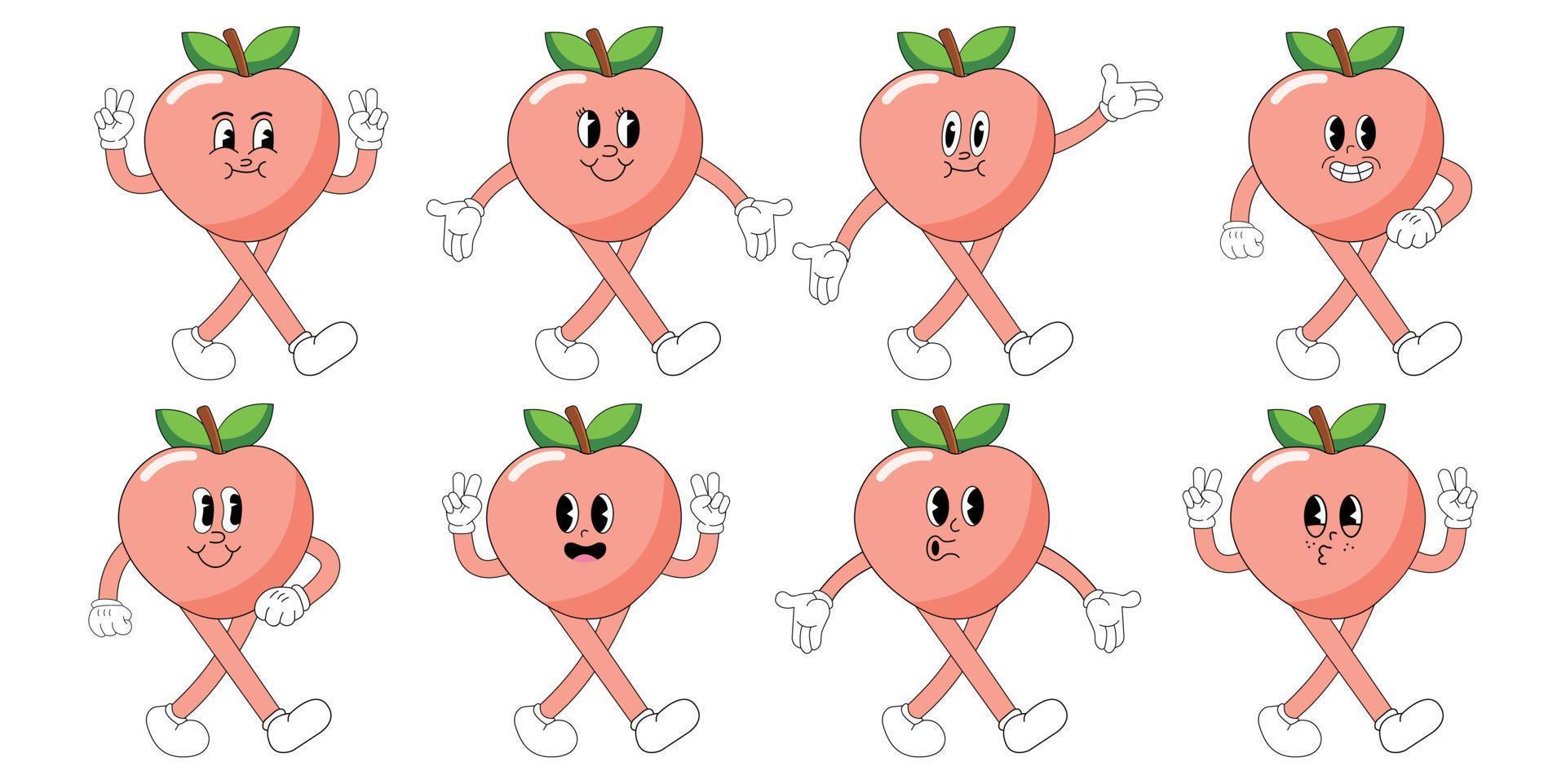 A Set of peach cartoon groovy stickers with funny comic characters, gloved hands. Modern illustration with legs and arms. vector